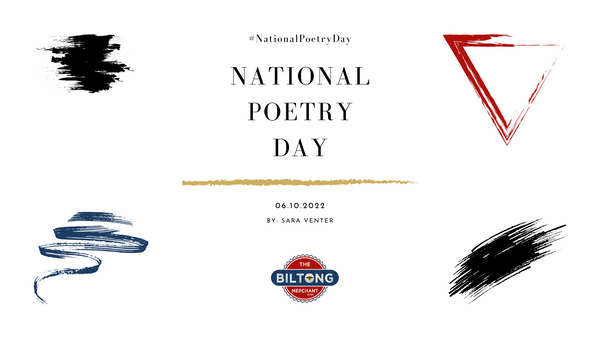The Biltong Merchant logo with red, black & blue paint smudges for National Poetry Day poem October 2022